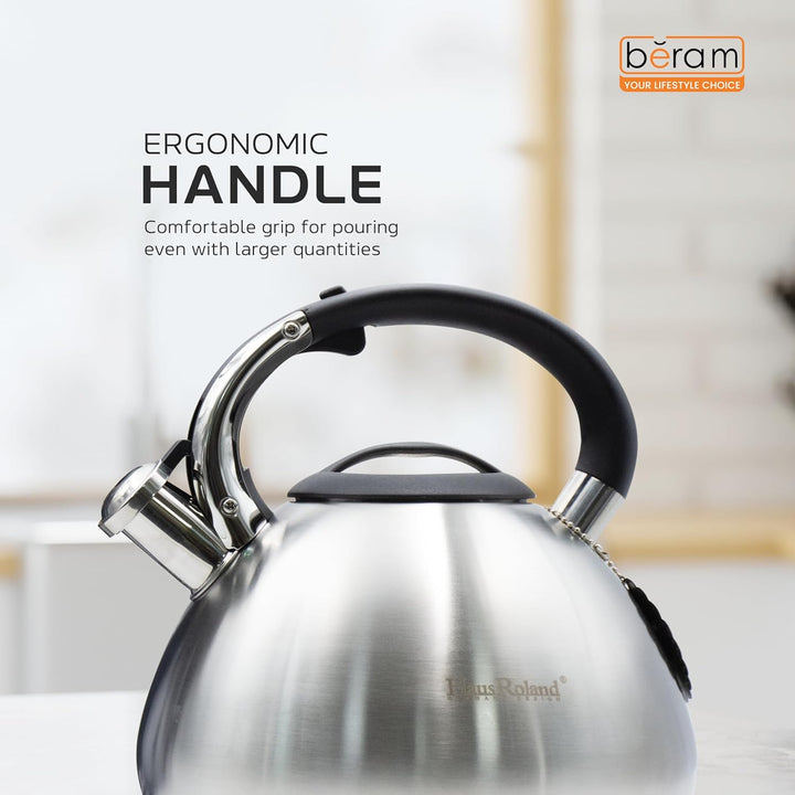Haus Roland Whistling Kettle, 5L Stainless Steel, Teapot, Heat Resistant Handle, Ergonomic Pouring Spout, Compatible with Gas, Electric, Hot Plate, Halogen, Ceramic Tops, Kitchen Utensil
