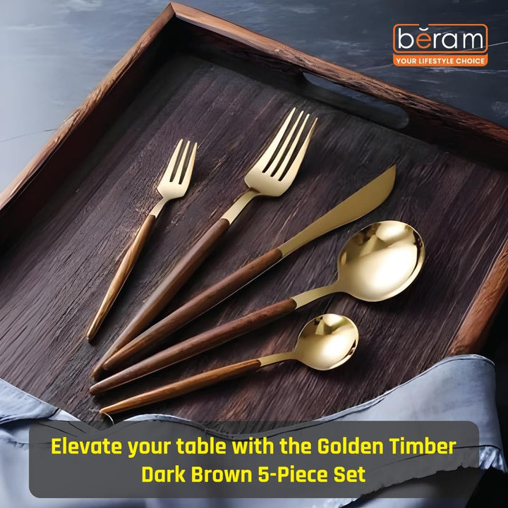 BERAM Golden Timber 5-Piece Cutlery Set – Gold Stainless Steel Flatware with Brown Wooden Handles – Elegant Dinnerware for Daily Use