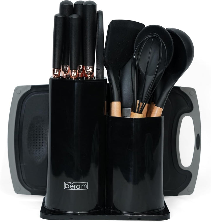 BERAM 19 Pieces Knife Set for Kitchen Cooking Utensils Set Tongs Spoon Spatula & Turner Made of Heat Resistant Silicone with Wooden Handles Non-Stick Kitchen Knife Sets