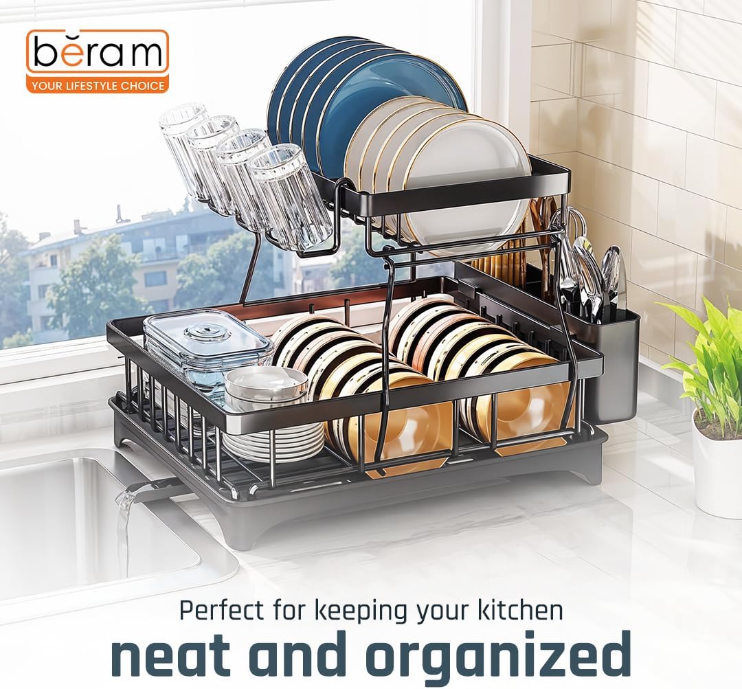 BERAM 2-Tier Stainless Steel Dish Drying Rack – Rust-Resistant Kitchen Organizer with Utensil Holder & Drainboard for Countertop Storage – Black