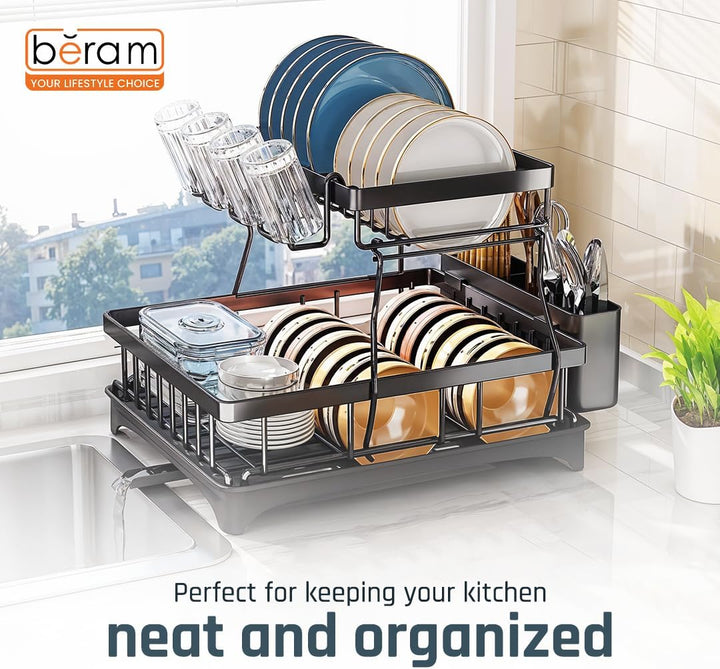 BERAM 2-Tier Stainless Steel Dish Drying Rack – Rust-Resistant Kitchen Organizer with Utensil Holder & Drainboard for Countertop Storage – Black
