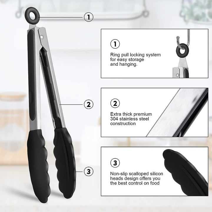 BERAM 270℃ Cooking Tongs, 9 Inch Silicone Kitchen Tongs with Non-Stick Rubber Tips, Padlock System & 18/8 Stainless Steel Handle for Grilling, BBQ, Frying, Serving, Heat Resistant, Non-Scratch