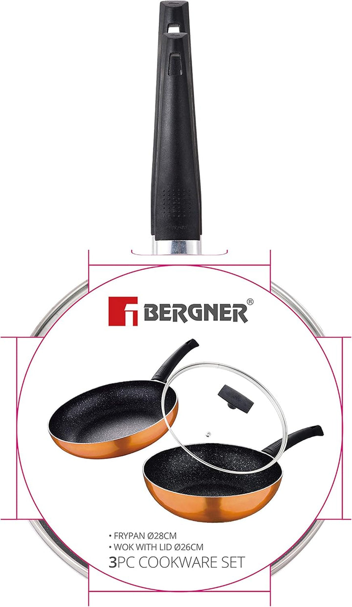 Bergner Ultra 3Pcs Cookware Set, Frypan 28Cm + Wok With Lid 26Cm Cooking Set, Pressed Aluminium Cookware, Induction Bottom Cooking Pots, Suitable for All Stoves, Orange Colour