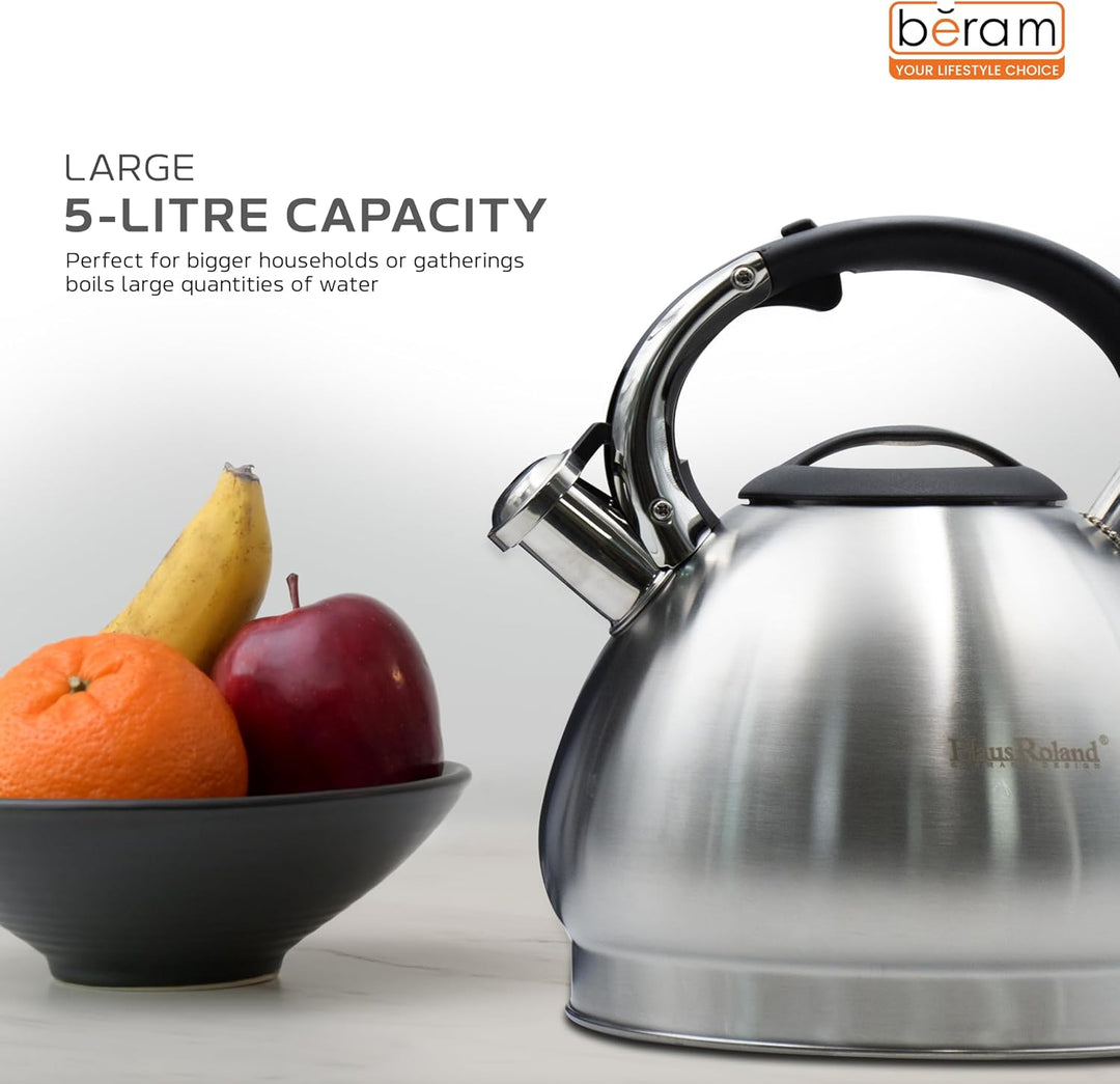 Haus Roland Whistling Kettle, 5L Stainless Steel, Teapot, Heat Resistant Handle, Ergonomic Pouring Spout, Compatible with Gas, Electric, Hot Plate, Halogen, Ceramic Tops, Kitchen Utensil