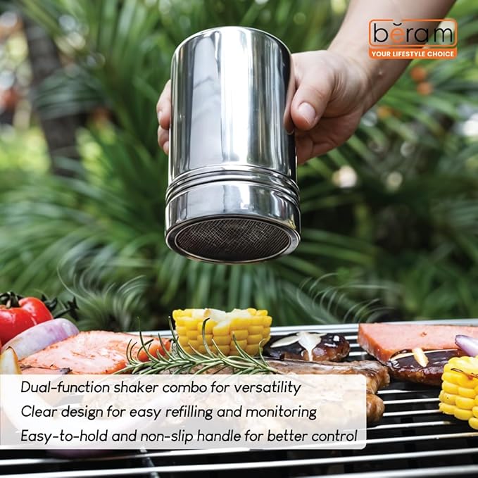 BERAM Sugar Shakers Stainless Steel Powder Shakers 3 Piece Set Seasoning Canisters with Lids Dry Food Storage Containers Cake Flour Sieve Dry Ingredients Sprinkler Kitchen Essentials