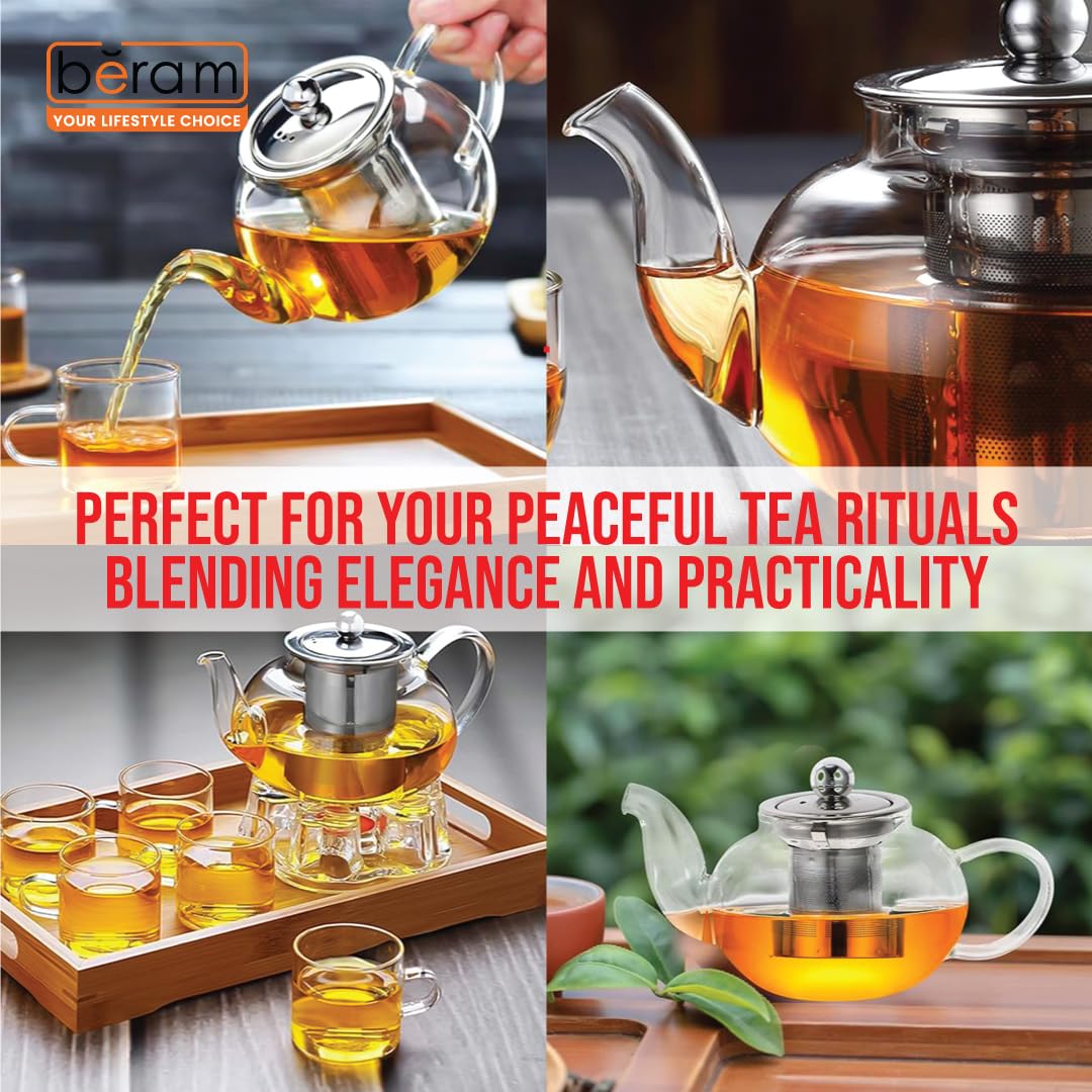 BERAM Glass Teapot with Infuser – 400ml Borosilicate Clear Tea Kettle with Removable 18/8 Stainless Steel Infuser, Stovetop Safe, Handcrafted Loose Leaf Tea Brewer for Home