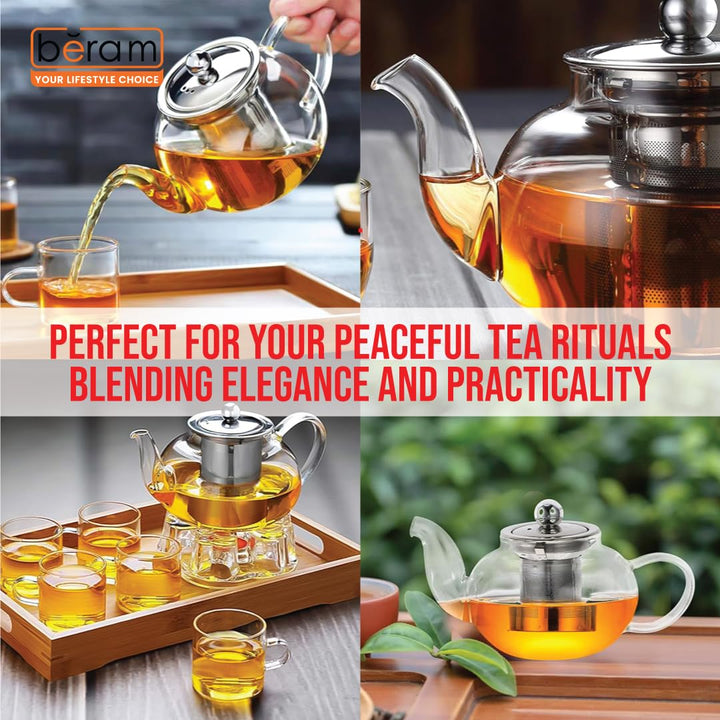 BERAM Glass Teapot with Infuser – 400ml Borosilicate Clear Tea Kettle with Removable 18/8 Stainless Steel Infuser, Stovetop Safe, Handcrafted Loose Leaf Tea Brewer for Home