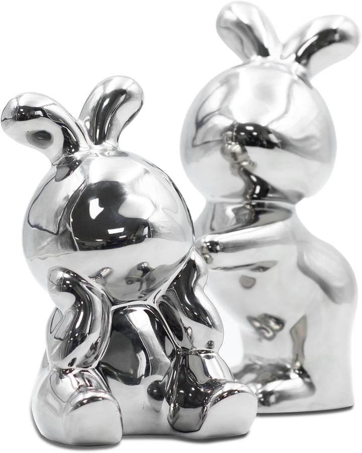 BERAM Bunny Bookends – Silver Ceramic Statue Figurines, Modern Art Sculptures for Home Decor, Abstract Shelf Ornaments, Premium Gift Decorations for Office, Living Room, or Bookshelves