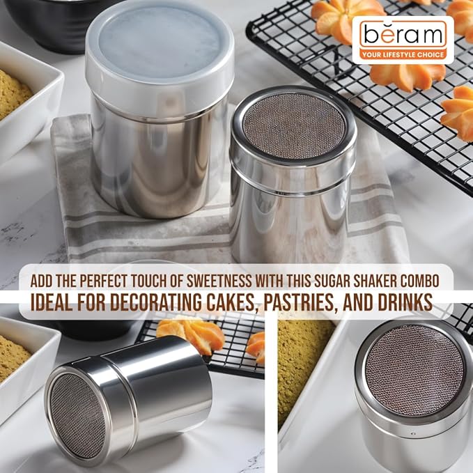 BERAM Sugar Shakers Stainless Steel Powder Shakers 3 Piece Set Seasoning Canisters with Lids Dry Food Storage Containers Cake Flour Sieve Dry Ingredients Sprinkler Kitchen Essentials