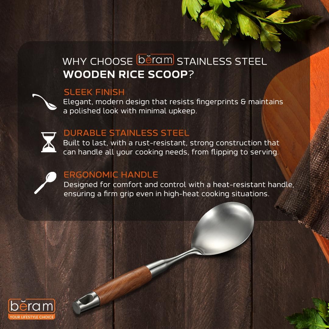Beram Stainless Steel Wooden Spatula Durable 304 Food-Grade Spatula with Ergonomic Wooden Handle, Heat-Resistant and Rust-Proof, Ideal for Cooking, Stir-Frying, Mixing, and Serving.