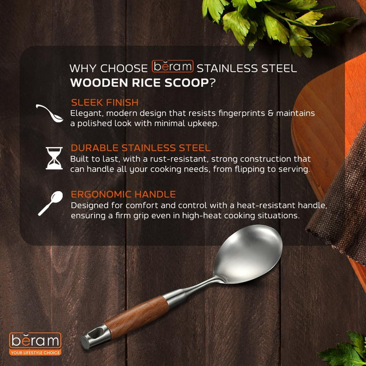 Beram Stainless Steel Wooden Spatula Durable 304 Food-Grade Spatula with Ergonomic Wooden Handle, Heat-Resistant and Rust-Proof, Ideal for Cooking, Stir-Frying, Mixing, and Serving.