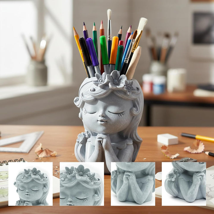 Bonsai Craft Vase 4-Set Pray Dream Flower Blessing Dolls Grey Polyresin Decorative Succulent Planters Elegant Home Office Desk Decor Flower Pots Pen Pencil Holders Propagator Kit Gift