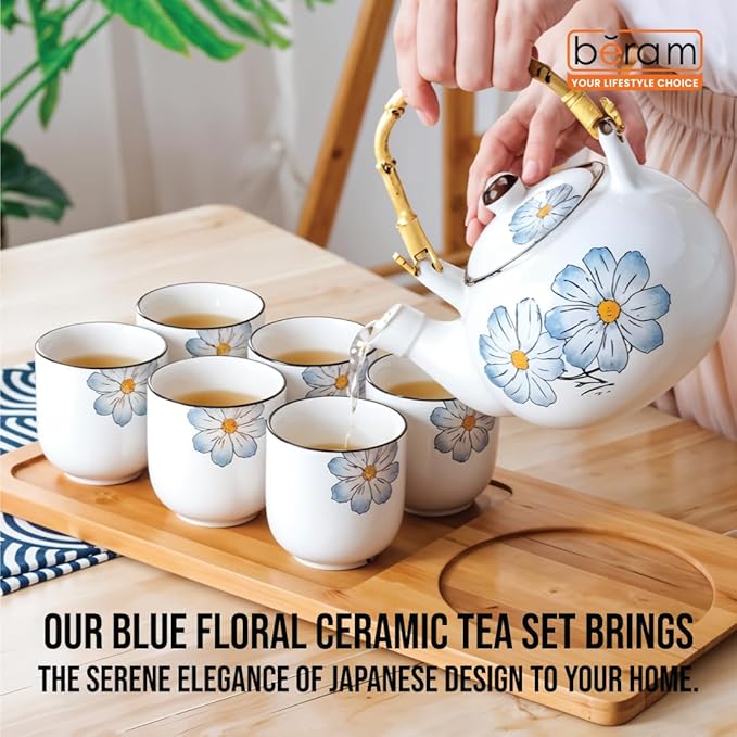 BERAM Porcelain Tea Sets 5 Pieces Set with Unique Handles Japanese Inspired Teapot and Cups Set Scratch Resistant Decorative Tea Set with Gift Packaging Tea Party Set Blue