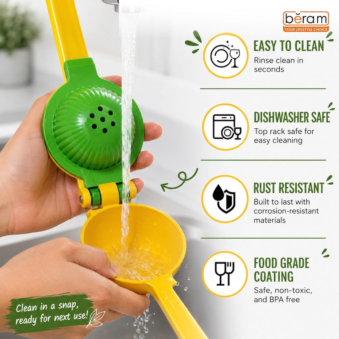 BERAM Lemon Lime Squeezer, 2 in 1, Heavy Duty Metal, Manual Hand Juicer Press for Citrus Fruit, No Pulp or Seeds, Dishwasher Safe, Premium Quality Juicing Kitchen Tool