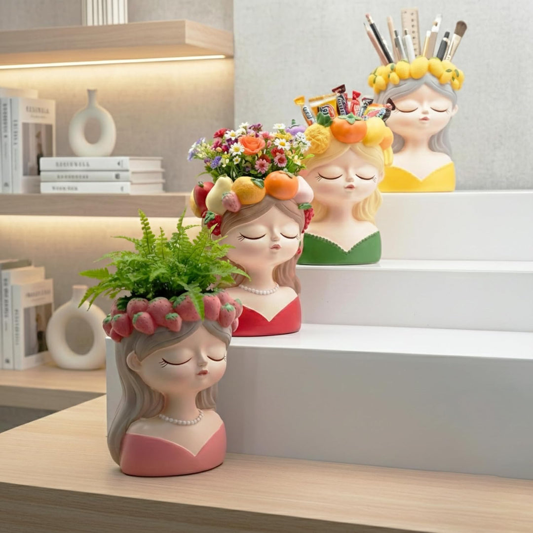 Fancy Girl with Fruit Crown Flower Pot 4 Pcs Set Red Green Pink Yellow Polyresin Decorative Planters for Succulents Indoor Outdoor Home Office Desk Décor Pen Pencil Holder Propagator Kit