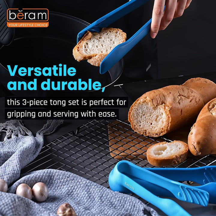 BERAM Plastic Kitchen Tongs Set of 3 Food Serving and BBQ Tongs for Bread Salad Fruit Buffet and Grilling Durable BPA Free Reusable Utility Tongs for Home Party and Daily Use