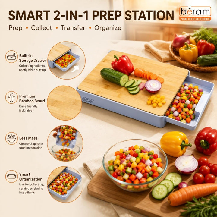 BERAM Prep & Chop Pro Kit – Bamboo Chopping Board with Wall Mounted Food Storage Design & 5 Inch Santoku Knife, 3CR13 Stainless Steel Sharp Kitchen Knife for Chopping, Slicing, Mincing, Meat, Fruits & Vegetables