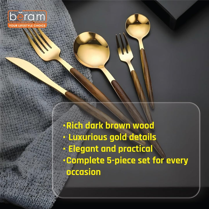 BERAM Golden Timber 5-Piece Cutlery Set – Gold Stainless Steel Flatware with Brown Wooden Handles – Elegant Dinnerware for Daily Use