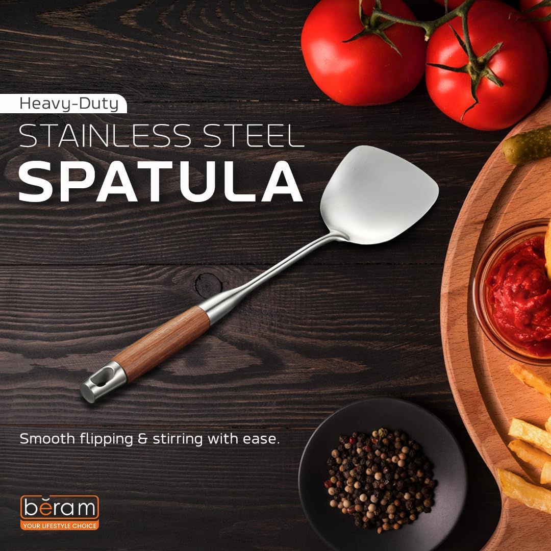 Beram Stainless Steel Wooden Spatula, 38.5cm x 8cm, Non-Stick, Food Grade, Compact