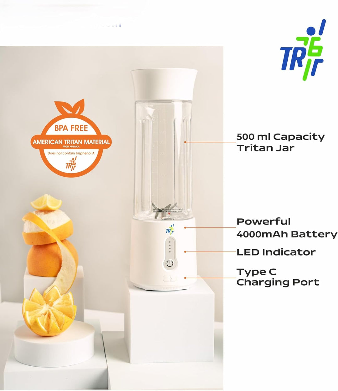 TR6 Blendmate Pro Portable Blender for Smoothies, Protein Shakes & Ice Crushing – 500ML Capacity, Tritan Material, 4000mAh Battery, USB-C Port with Handle Lid