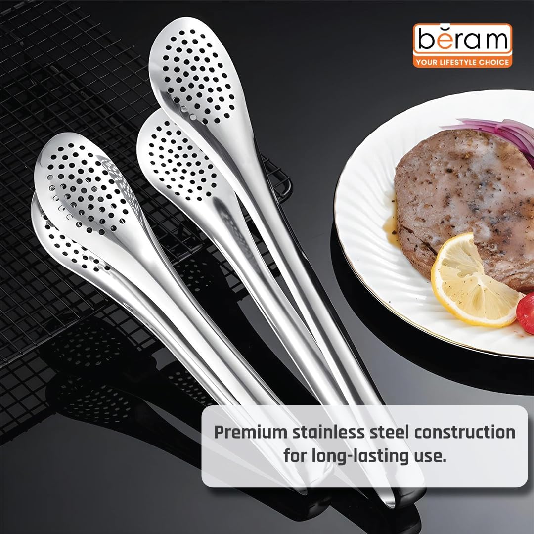BERAM 304 Stainless Steel Tongs Set of 4 Sizes 6,7,9,12 inch Multipurpose Kitchen Tongs for Salad Toast BBQ Frying Buffet Steak and Food Serving Durable Non Slip Grip Metal Forceps Silver
