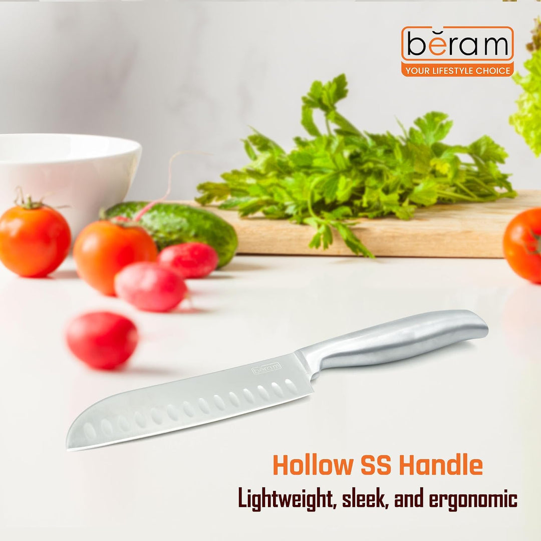 BERAM Prep & Chop Pro Kit – Bamboo Chopping Board with Wall Mounted Food Storage Design & 5 Inch Santoku Knife, 3CR13 Stainless Steel Sharp Kitchen Knife for Chopping, Slicing, Mincing, Meat, Fruits & Vegetables