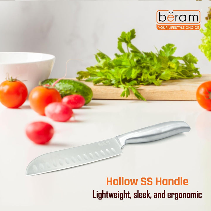 BERAM Prep & Chop Pro Kit – Bamboo Chopping Board with Wall Mounted Food Storage Design & 5 Inch Santoku Knife, 3CR13 Stainless Steel Sharp Kitchen Knife for Chopping, Slicing, Mincing, Meat, Fruits & Vegetables