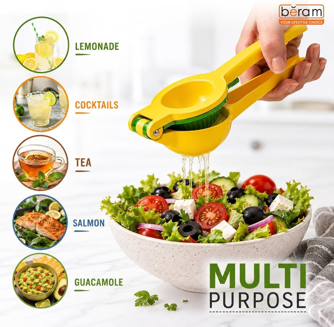 BERAM Lemon Lime Squeezer, 2 in 1, Heavy Duty Metal, Manual Hand Juicer Press for Citrus Fruit, No Pulp or Seeds, Dishwasher Safe, Premium Quality Juicing Kitchen Tool
