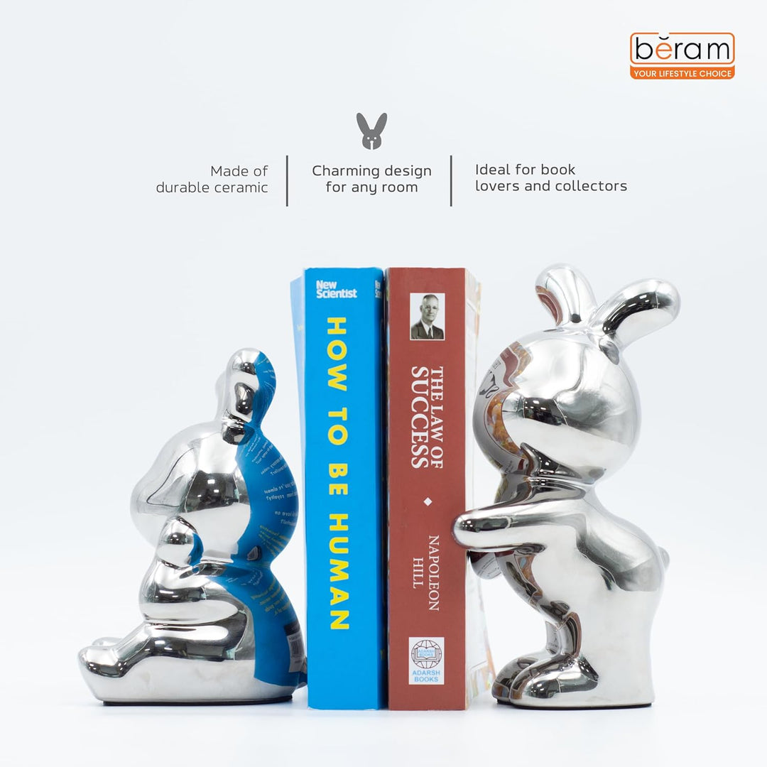 BERAM Bunny Bookends – Silver Ceramic Statue Figurines, Modern Art Sculptures for Home Decor, Abstract Shelf Ornaments, Premium Gift Decorations for Office, Living Room, or Bookshelves