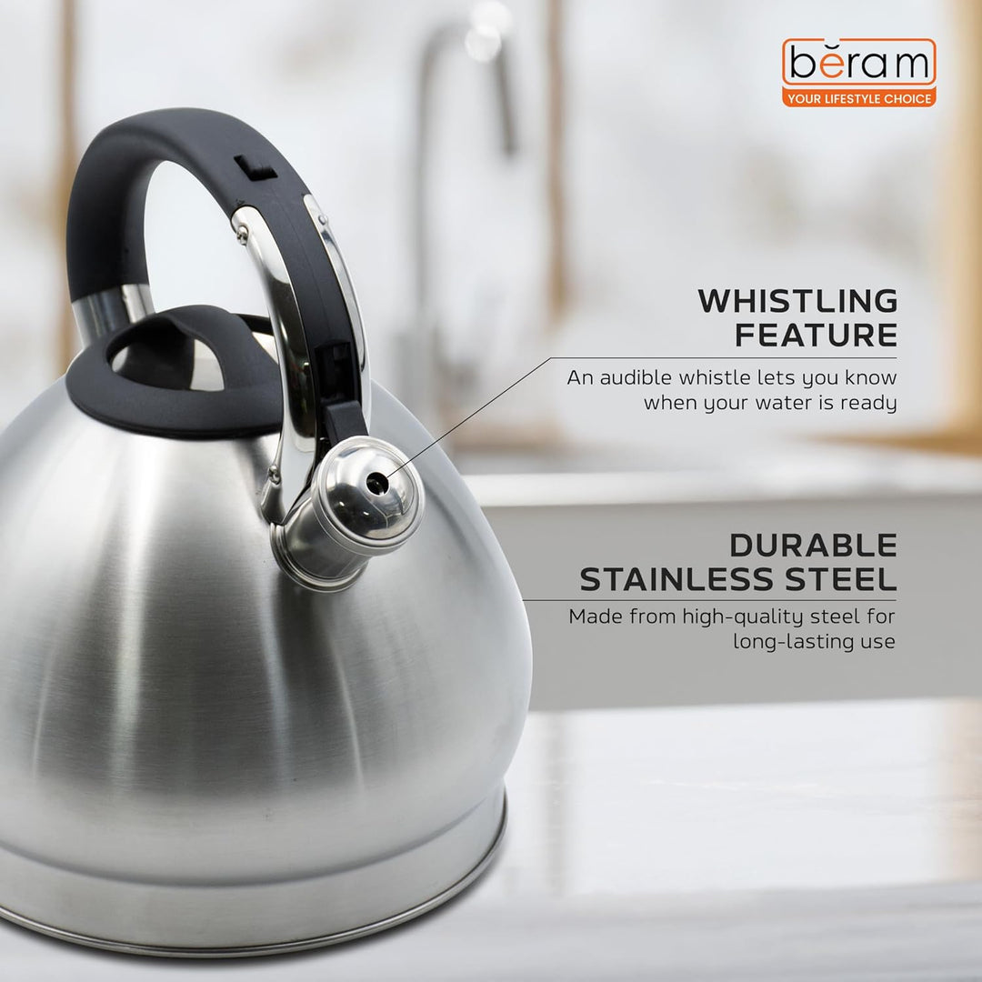 Haus Roland Whistling Kettle, 5L Stainless Steel, Teapot, Heat Resistant Handle, Ergonomic Pouring Spout, Compatible with Gas, Electric, Hot Plate, Halogen, Ceramic Tops, Kitchen Utensil