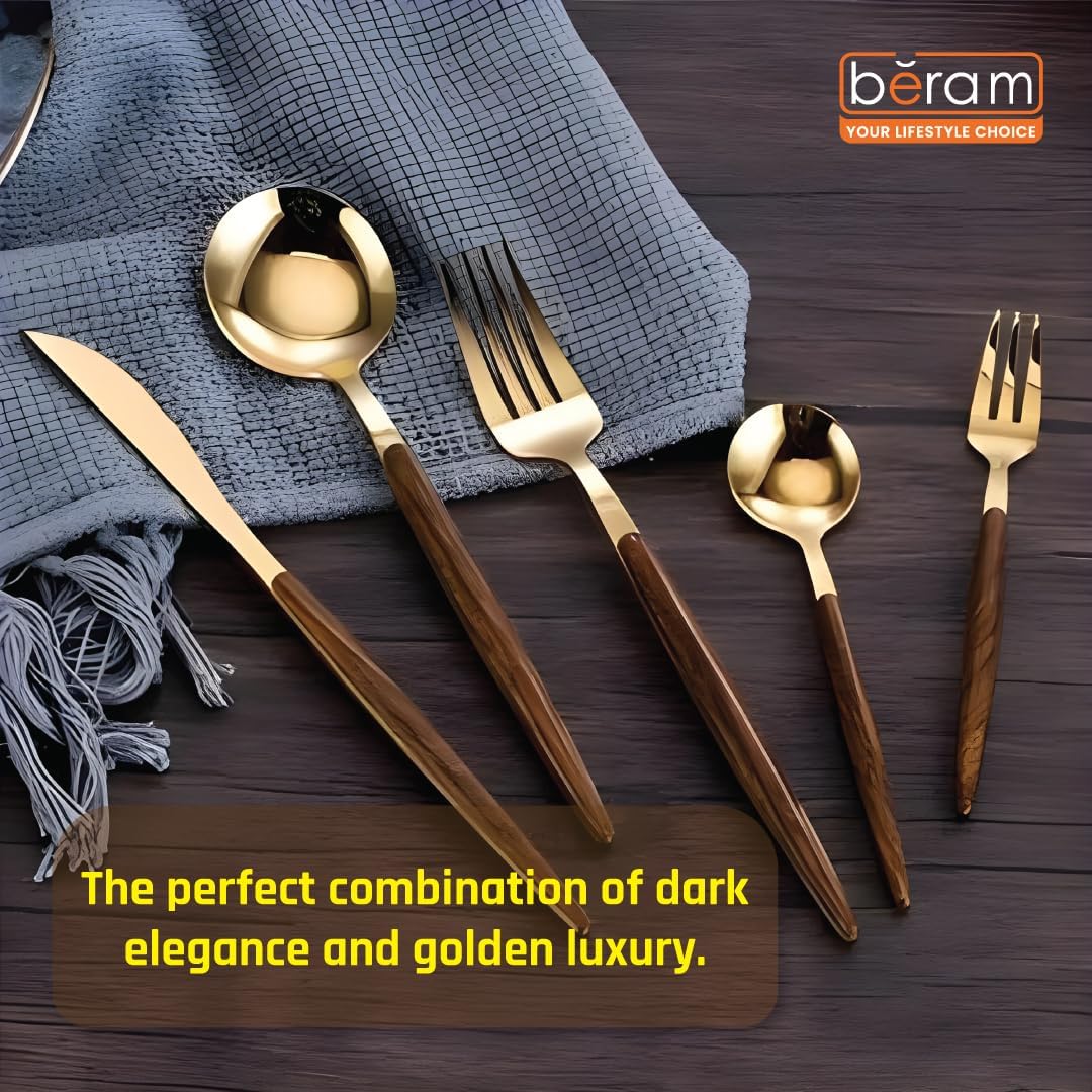 BERAM Golden Timber 5-Piece Cutlery Set – Gold Stainless Steel Flatware with Brown Wooden Handles – Elegant Dinnerware for Daily Use