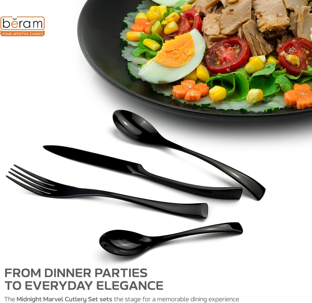 BERAM Midnight Marvel Cutlery Set Premium Stainless Steel Flatware Set with Black Marble Polish Finish Elegant Kitchen Utensils & Tableware Set for Home Restaurants Hotels & Everyday Use