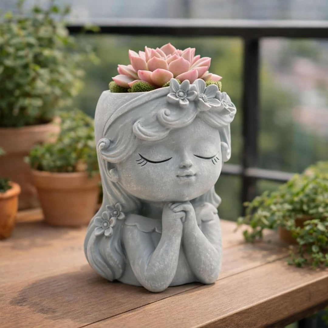 Bonsai Craft Vase 4-Set Pray Dream Flower Blessing Dolls Grey Polyresin Decorative Succulent Planters Elegant Home Office Desk Decor Flower Pots Pen Pencil Holders Propagator Kit Gift