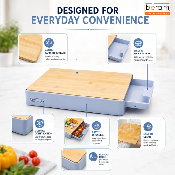 BERAM Prep & Chop Pro Kit – Bamboo Chopping Board with Wall Mounted Food Storage Design & 5 Inch Santoku Knife, 3CR13 Stainless Steel Sharp Kitchen Knife for Chopping, Slicing, Mincing, Meat, Fruits & Vegetables