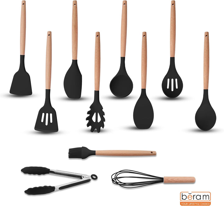 BERAM 19 Pieces Knife Set for Kitchen Cooking Utensils Set Tongs Spoon Spatula & Turner Made of Heat Resistant Silicone with Wooden Handles Non-Stick Kitchen Knife Sets