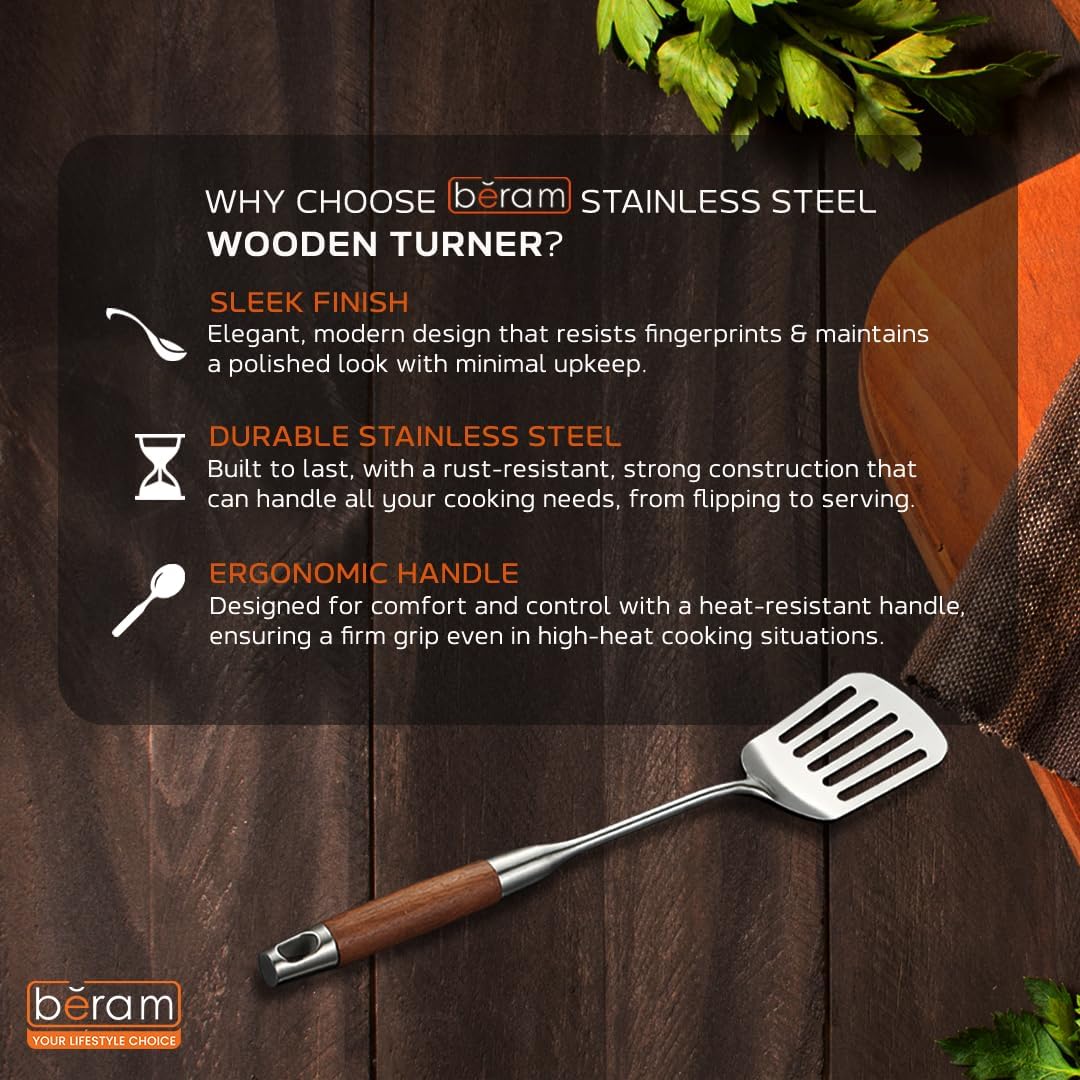 Beram Stainless Steel Wooden Spatula Durable 304 Food-Grade Spatula with Ergonomic Wooden Handle, Heat-Resistant and Rust-Proof, Ideal for Cooking, Stir-Frying, Mixing, and Serving.