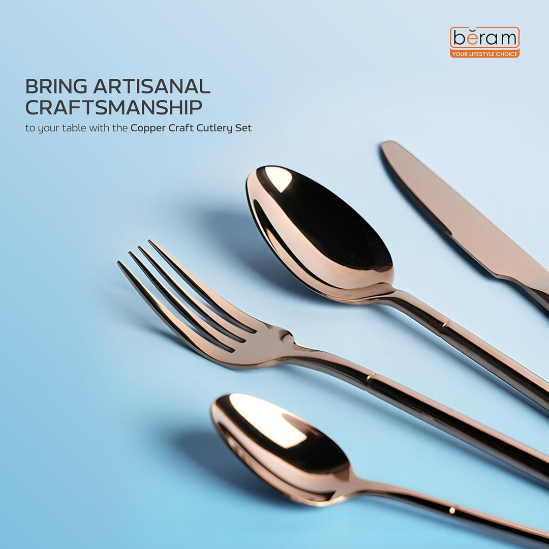BERAM Copper Craft Cutlery Set 18/10 Stainless Steel Flatware Elegant Copper Finish Tableware for Home, Restaurants & Hotels Premium Dining Utensils for One Setting