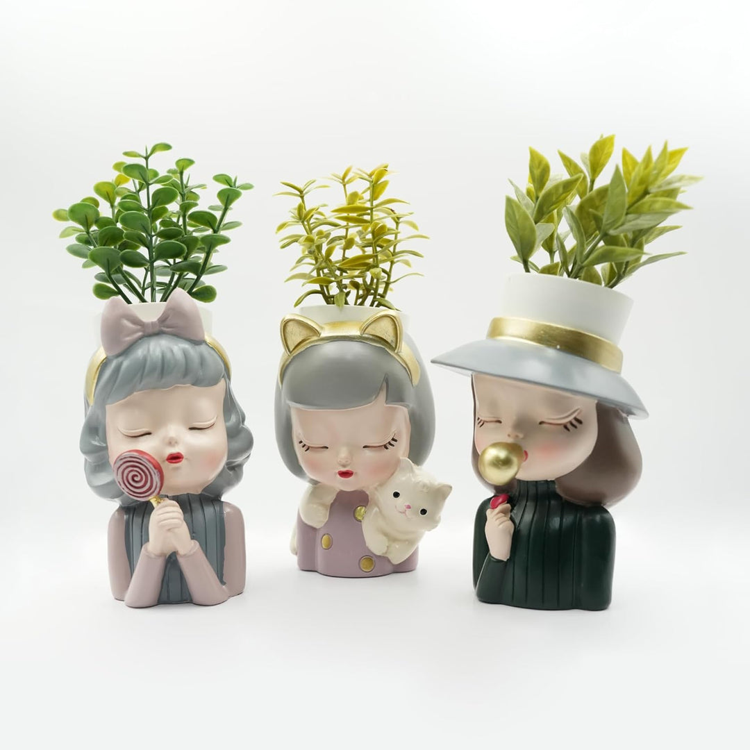 Charming Figurine Set Green Pink Grey Polyresin Decorative Flower Vase Cute Girl Succulent Pot Modern Indoor Home Office Table Decor Propagator Kit Gift Set