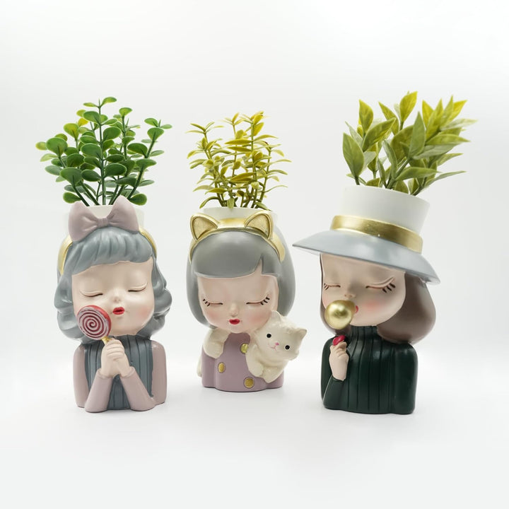 Charming Figurine Set Green Pink Grey Polyresin Decorative Flower Vase Cute Girl Succulent Pot Modern Indoor Home Office Table Decor Propagator Kit Gift Set