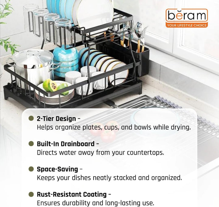 BERAM 2-Tier Stainless Steel Dish Drying Rack – Rust-Resistant Kitchen Organizer with Utensil Holder & Drainboard for Countertop Storage – Black