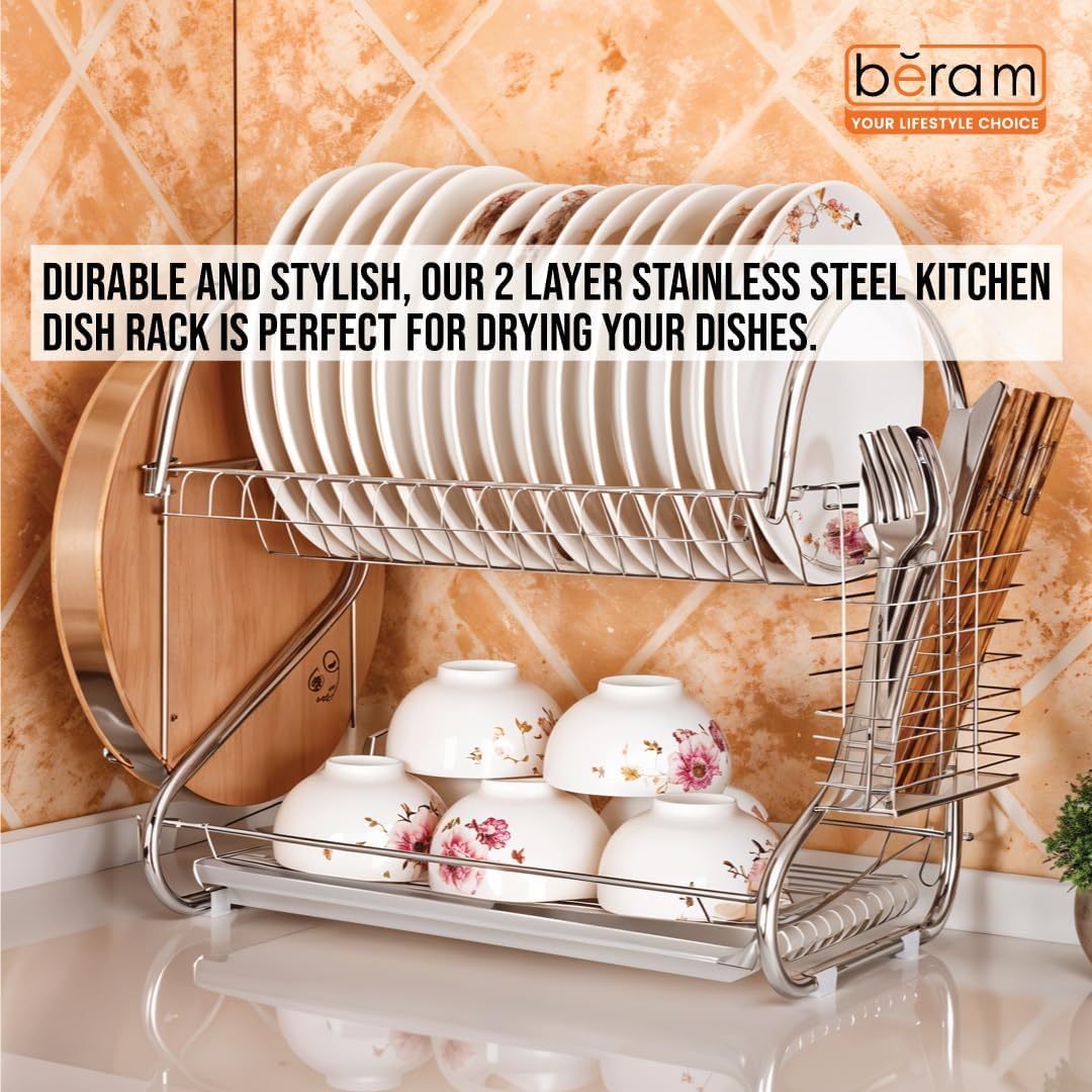 BERAM Stainless Steel Dish Rack, Kitchen Organizer, Double-Layer Utensils Stand, Large Capacity, Anti-Slip Mat, Dish Drain Racks, Detachable Dry Basket, Silver