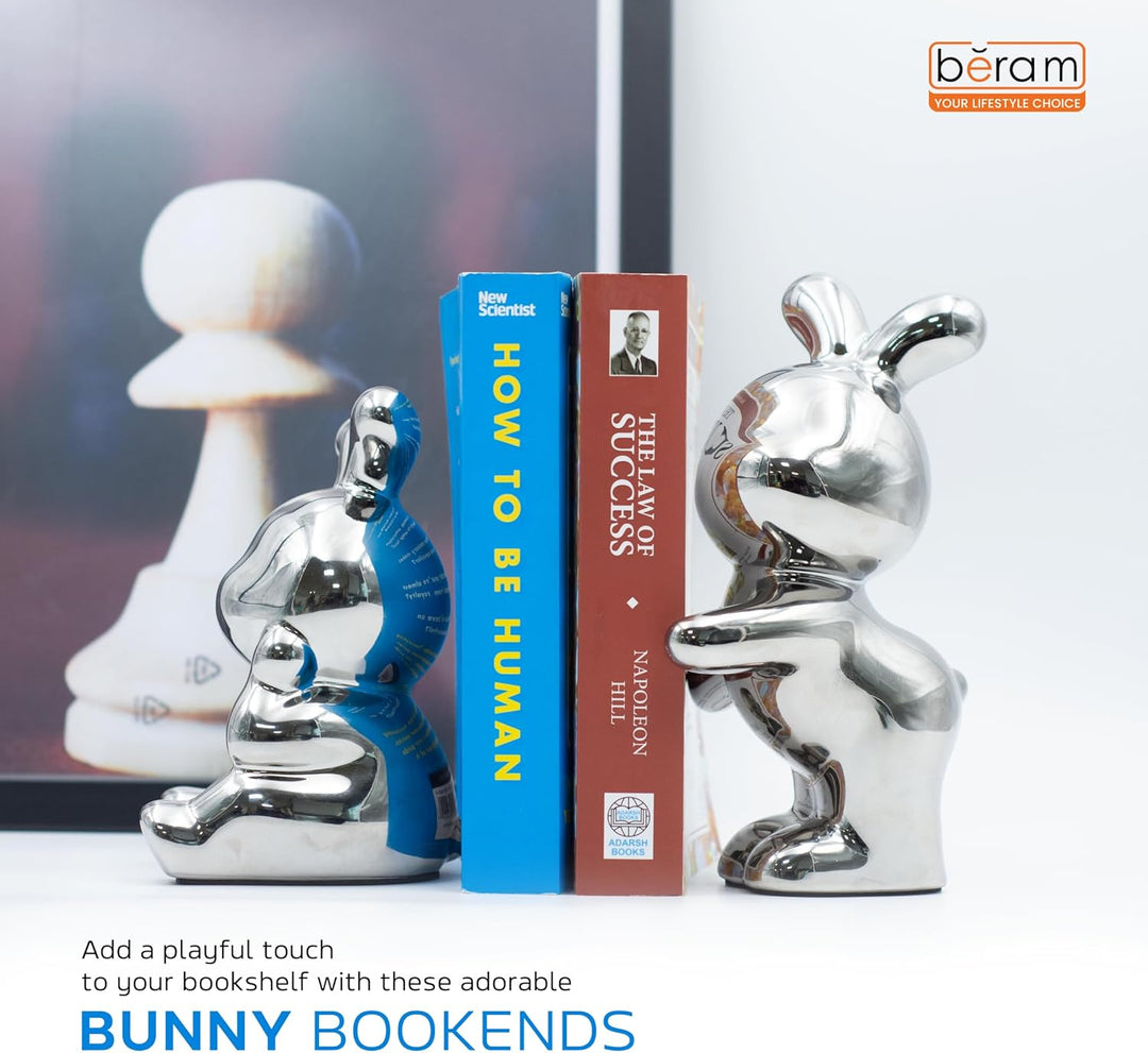 BERAM Bunny Bookends – Silver Ceramic Statue Figurines, Modern Art Sculptures for Home Decor, Abstract Shelf Ornaments, Premium Gift Decorations for Office, Living Room, or Bookshelves