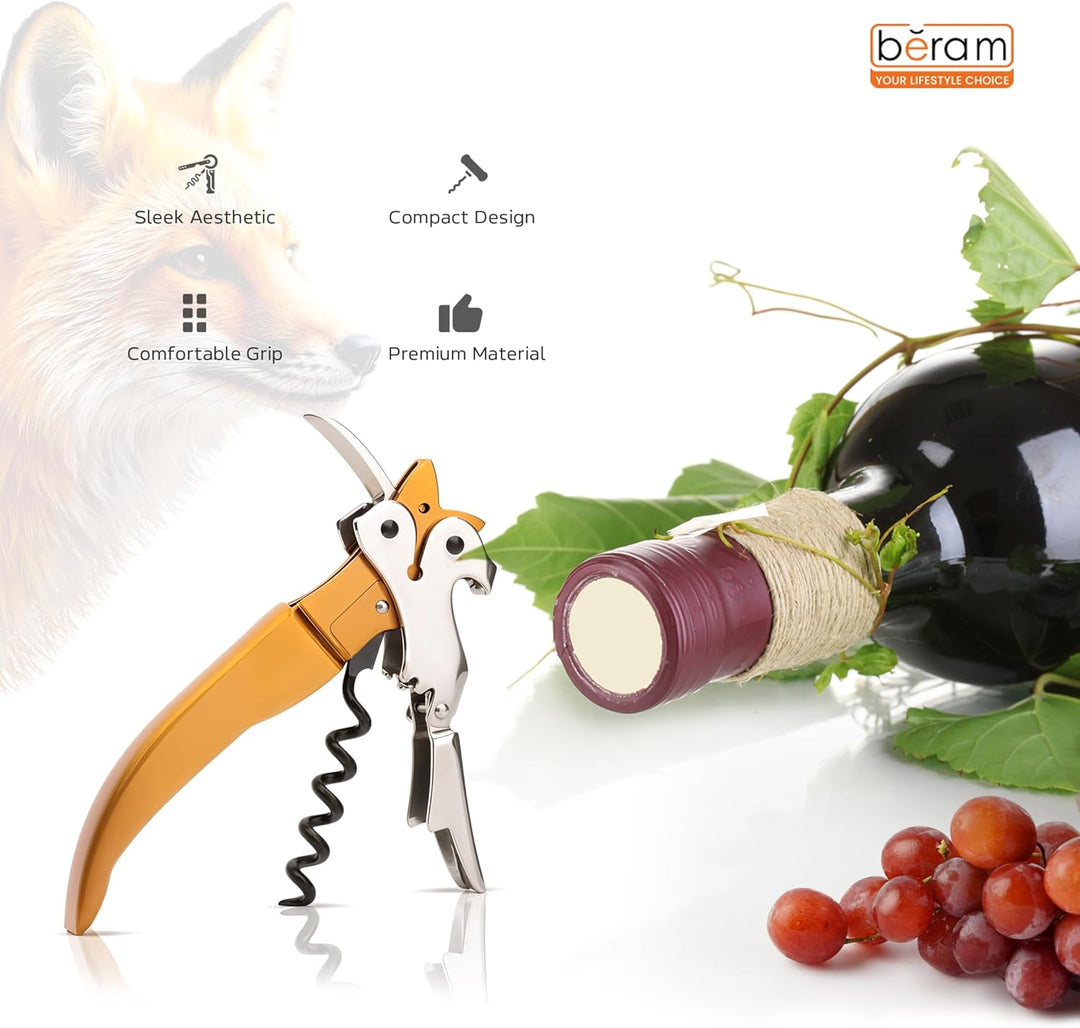 BERAM Multifunctional Opener, Fox Shaped Waiters Corkscrew, Heavy-Duty Stainless-Steel Hinges, Bottle, Cork, Key Openers for Restaurant Waiters, Sommelier, Bartenders