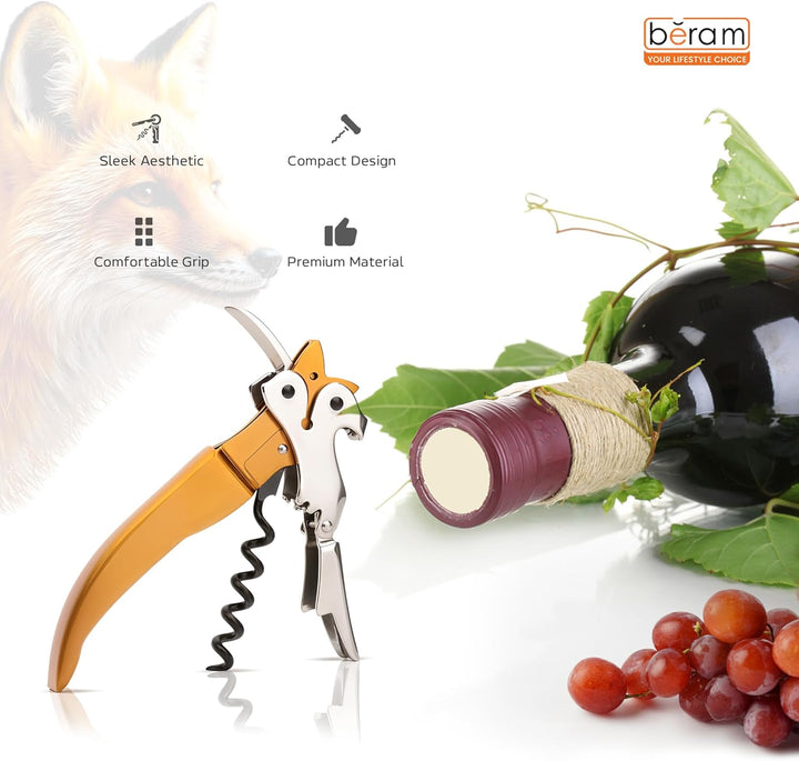 BERAM Multifunctional Opener, Fox Shaped Waiters Corkscrew, Heavy-Duty Stainless-Steel Hinges, Bottle, Cork, Key Openers for Restaurant Waiters, Sommelier, Bartenders
