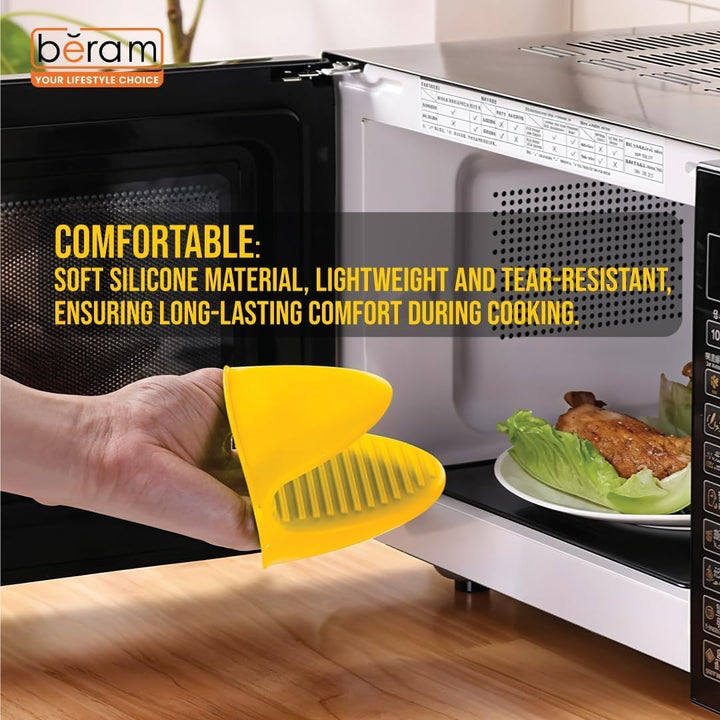 BERAM Silicone Yellow Mini Oven Mitts, Set of 2, Kitchen Pot Holders, Heat Resistant, Small Kitchen Mitts, Air Fryer Mitts Mini, Pot Pinch Grip for Cooking and Baking