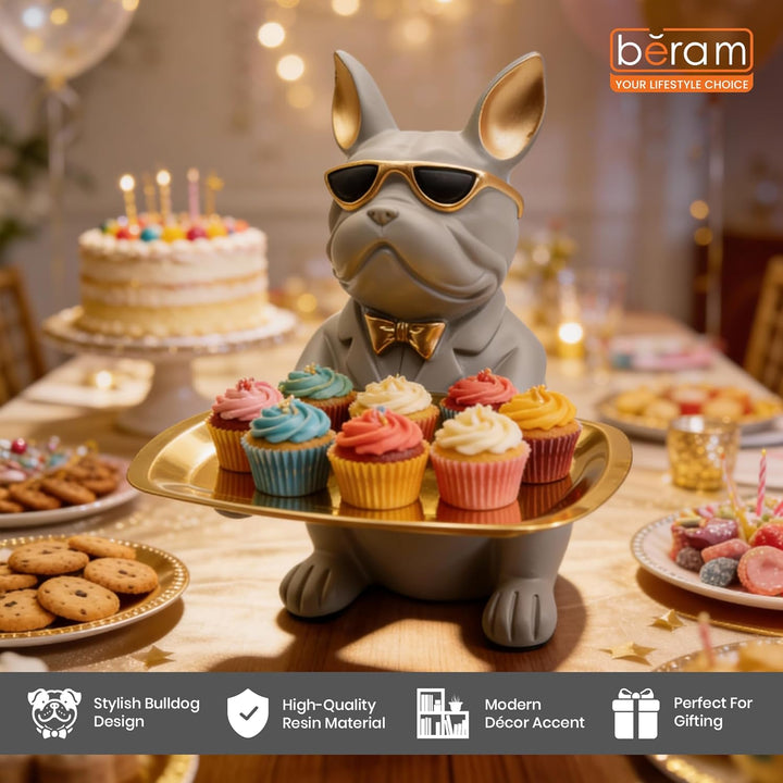 BERAM Bulldog Butler Statue with Tray Modern Resin Bulldog Figurine with Sunglasses Decorative Storage Holder for Keys Coins Jewelry Home Décor Stylish Desk and Entryway Organizer