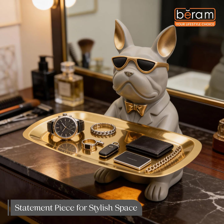 BERAM Bulldog Butler Statue with Tray Modern Resin Bulldog Figurine with Sunglasses Decorative Storage Holder for Keys Coins Jewelry Home Décor Stylish Desk and Entryway Organizer