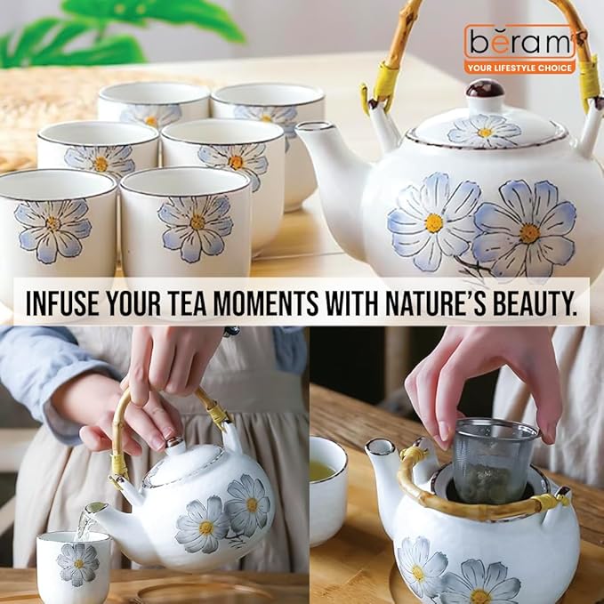 BERAM Porcelain Tea Sets 5 Pieces Set with Unique Handles Japanese Inspired Teapot and Cups Set Scratch Resistant Decorative Tea Set with Gift Packaging Tea Party Set Blue