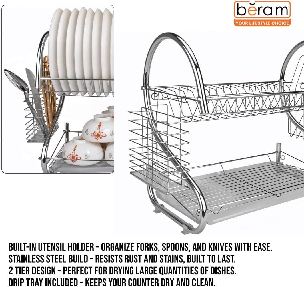 BERAM Stainless Steel Dish Rack, Kitchen Organizer, Double-Layer Utensils Stand, Large Capacity, Anti-Slip Mat, Dish Drain Racks, Detachable Dry Basket, Silver