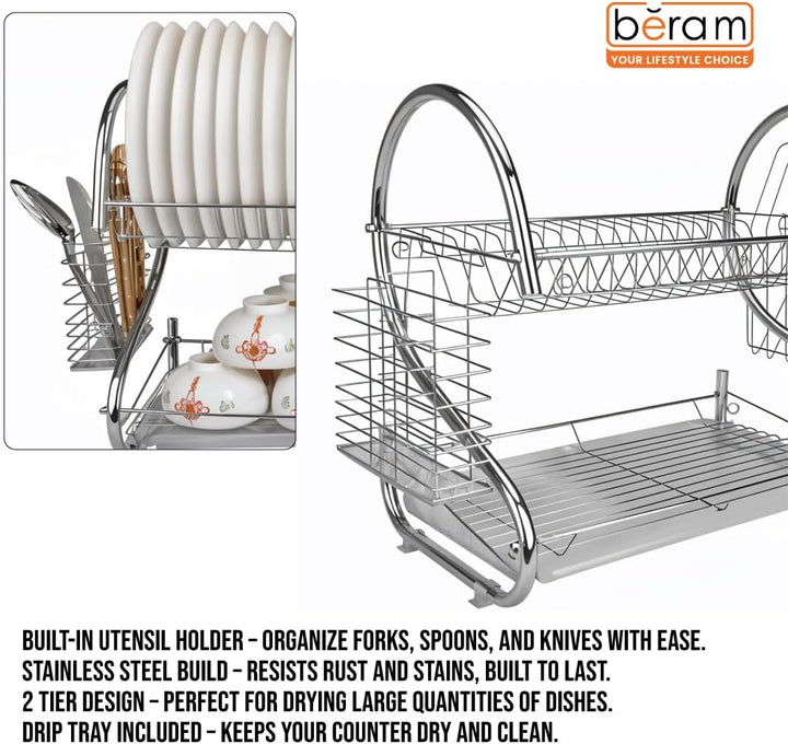 BERAM Stainless Steel Dish Rack, Kitchen Organizer, Double-Layer Utensils Stand, Large Capacity, Anti-Slip Mat, Dish Drain Racks, Detachable Dry Basket, Silver